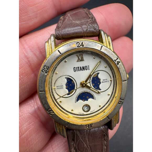 Gitano Men\'s Watch Moon Phase Date Quartz Two Tone Leather Brown Band 7414 main image 9